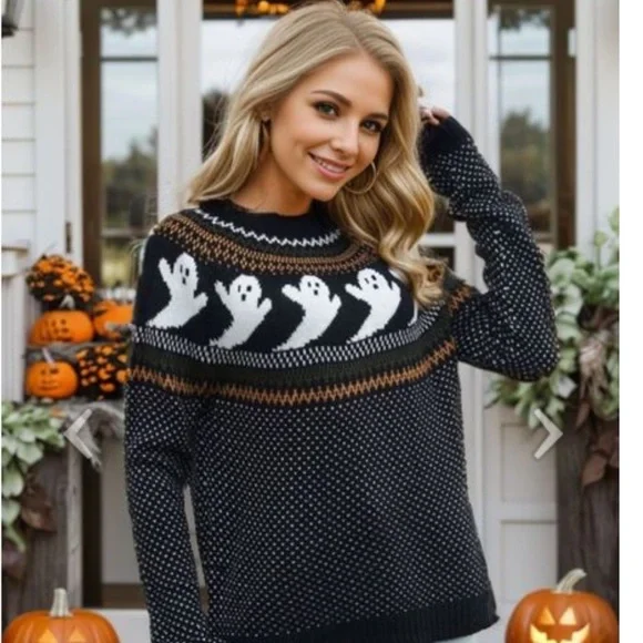 Halloween Sweater Ghostly Fun Retro Crewneck Sweater - Picture 4 of 14